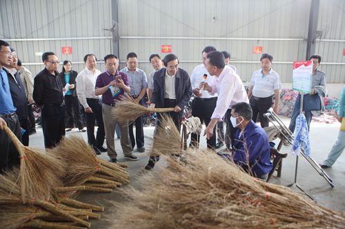 图为调研组观摩残疾人扶贫基地