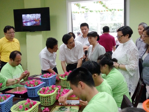 图为程凯一行到武汉市江岸区劳动街惠中社区“阳光家园”观摩学习